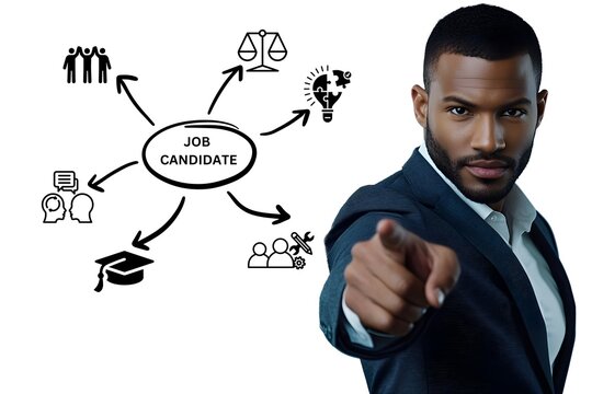 Young businessman pointing virtual screen job candidate concept teamwork idea communication white background.