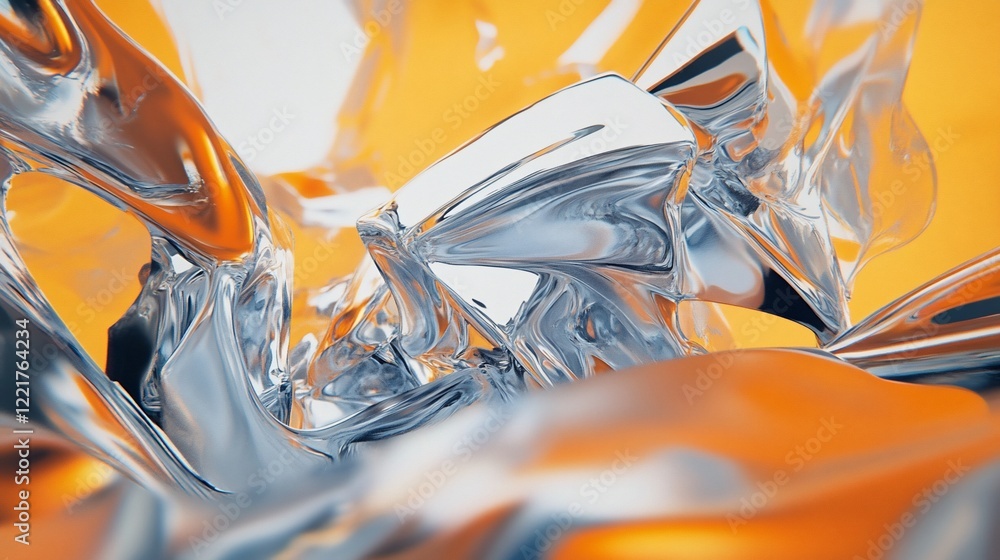 Poster abstract forms of glossy silver material on a soft orange background for creative design