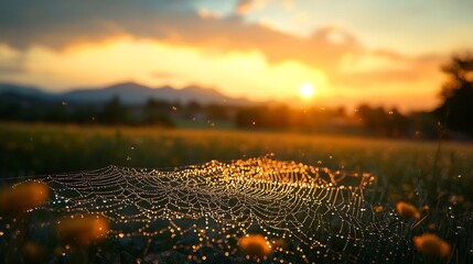 Dewy Dawn: Spiderweb Shimmers at Sunrise