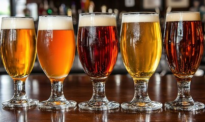 Five beer glasses with various craft beer types on a bar counter in a pub
