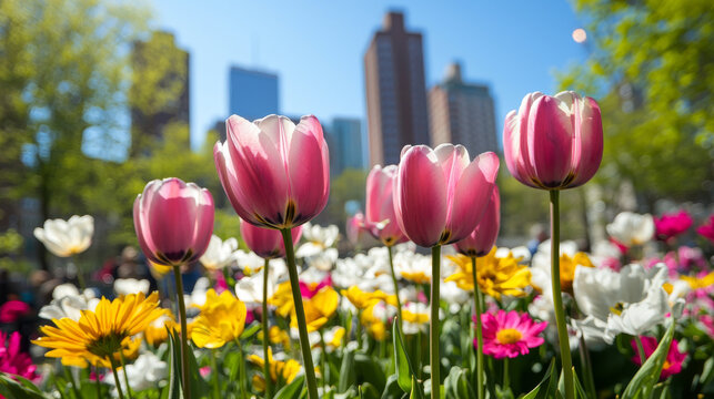 Beautiful pink tulips and colorful flowers bloom in vibrant city park, showcasing nature beauty against backdrop of skyscrapers and clear blue skies