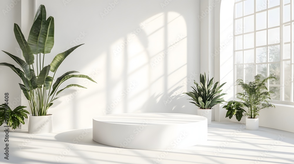 Poster a podium in a simple white studio space with large windows allowing sunlight to flood the room, cast