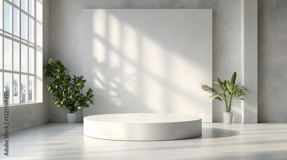 Poster a podium in a simple white studio space with large windows allowing sunlight to flood the room, cast
