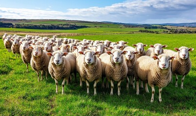 Fototapeta premium Flock of sheep grazing in green pasture with hills and trees under blue sky