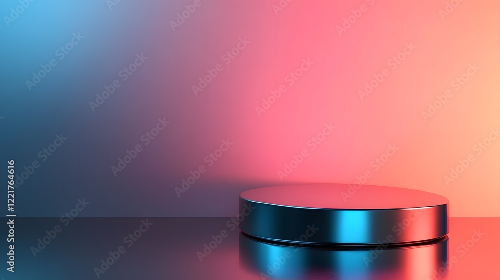 Poster a podium made of reflective chrome standing in front of a smooth, dark gradient background with soft