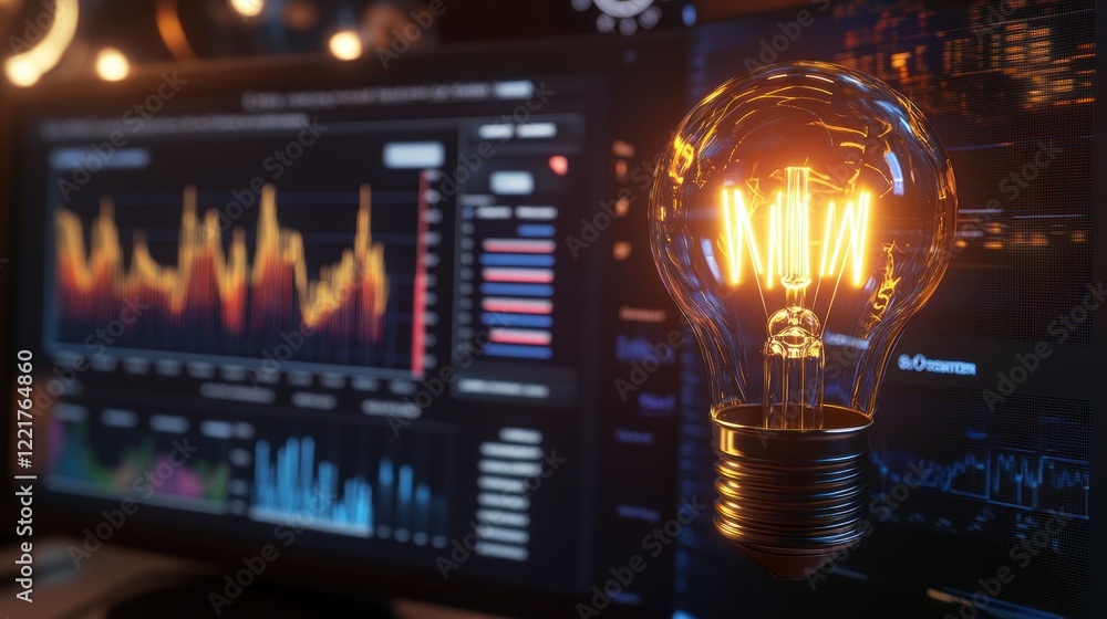 Poster Illuminating Ideas:  A Glowing Lightbulb Against a Background of Data and Charts Representing Innovation and Progress in the Digital Age.