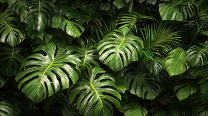 Fototapeta premium Leaves of green plants, palm trees, and banana leaves.