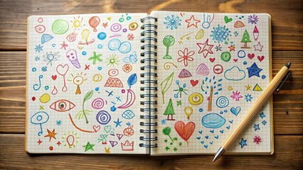 A scribbled notebook page with doodles and hand-drawn shapes , doodle, artistic imperfections