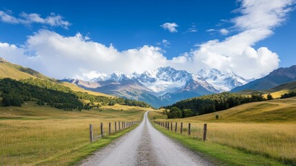 Naklejka premium Serene Road Through Lush Fields Leading to Majestic Snow-Capped Mountains Under Clear Blue Sky with Fluffy White Clouds in Background