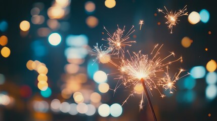 Fototapeta premium Bright sparklers light up the night, creating a magical atmosphere against a blurry city backdrop.