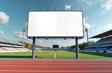 Empty white billboard mockup at sports stadium entrance. Large blank signboard ready for advertisement in modern city sports arena. Clear view of grassy playing field, grandstands. Outdoor setting