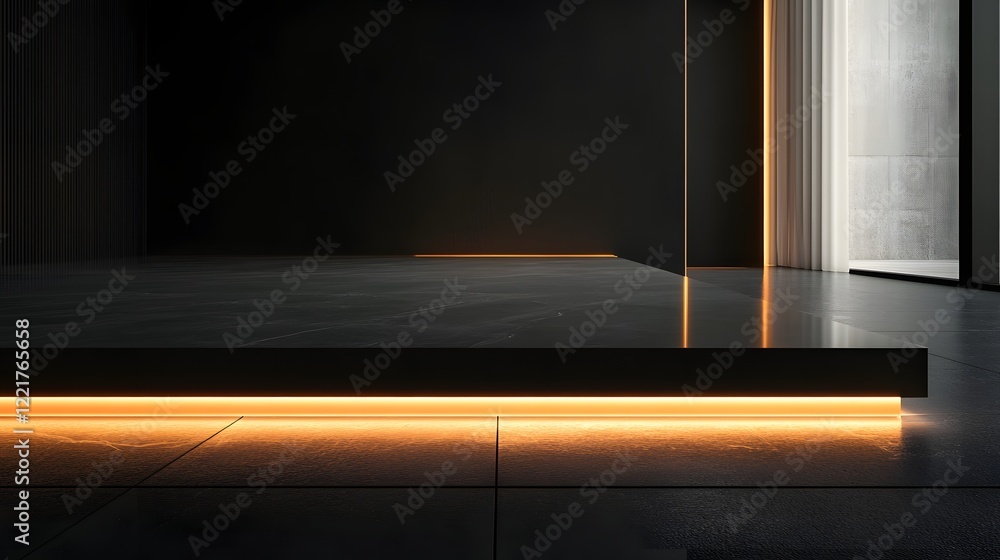 Poster a sleek podium sitting on a clean, shiny black floor with a glowing line of light tracing the edge o