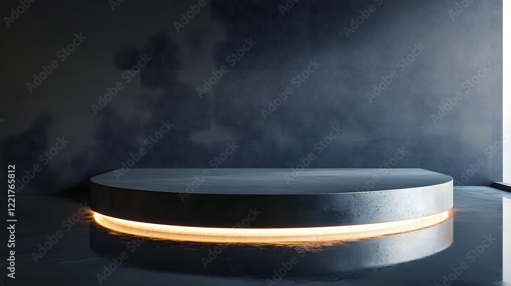 Poster a sleek podium sitting on a clean, shiny black floor with a glowing line of light tracing the edge o