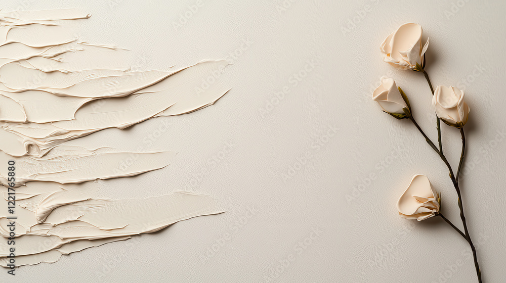 Poster minimalistic cream colored background featuring textured paint and delicate rose flowers, creating s