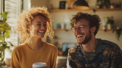Happy Young Couple Enjoying Coffee Together in Cozy Cafe Setting