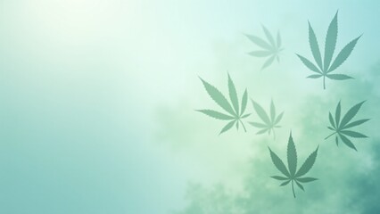 Fototapeta premium Ethereal marijuana leaves fading into the air, gradually dissolving into wisps of light colors like pale blue and white. A dreamy, weightless effect that evokes transformation and freedom.