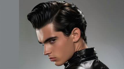 young man with slicked back hair and serious expression, wearing shiny black outfit. image showcases modern and stylish look