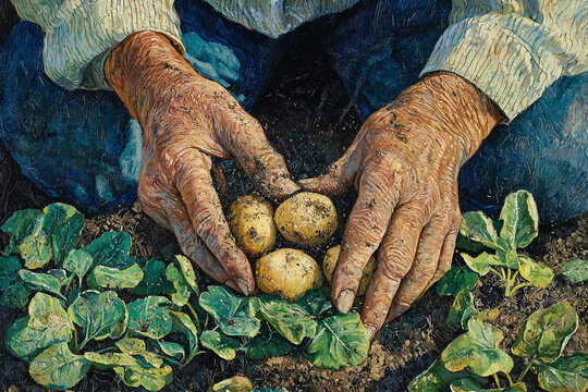 Elderly hands carefully cradling freshly harvested potatoes amidst lush green leaves in a garden - Powered by Adobe