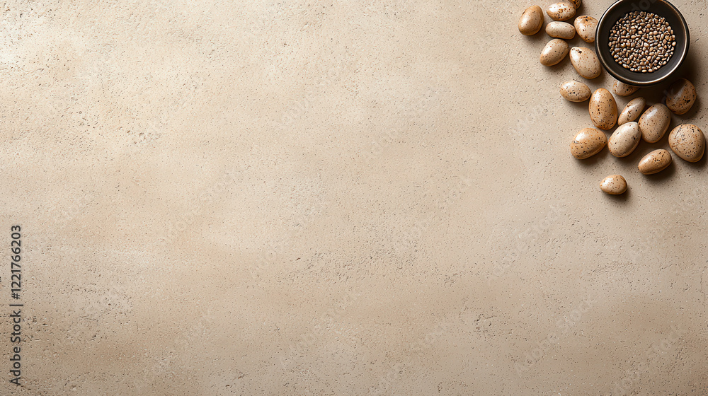 Leinwandbilder simple elegant cream backdrop with smooth texture, featuring bowl of seeds and scattered eggs, creat