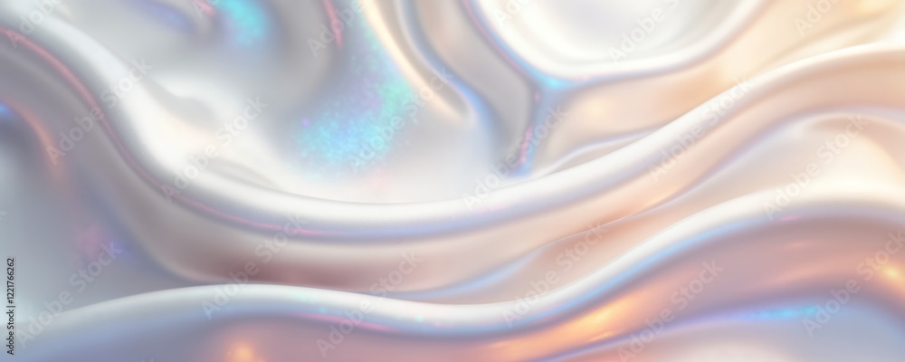 Poster abstract 3d render of flowing white silk with iridescent holographic foil. soft light, fluid pattern