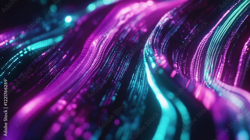 Poster abstract flowing lines of purple and cyan light digital rendering with dark backdrop