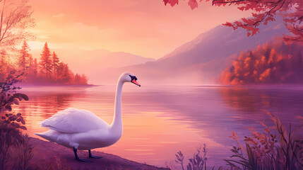 Naklejka premium A majestic swan stands proudly on the shore of a still lake with the sky painted in shades of pink and orange, lake, peaceful atmosphere, majestic creature. Shaded Shore. Illustration