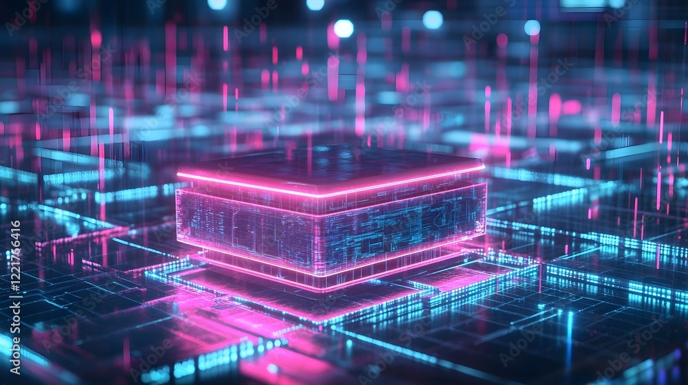 Aufkleber a futuristic podium glowing with neon lights, placed in the middle of a digital grid with holographi