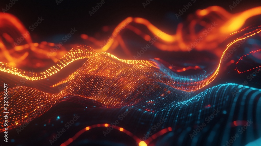 Aufkleber abstract glowing network of interconnected dots forming waves of orange and blue on a dark backgroun