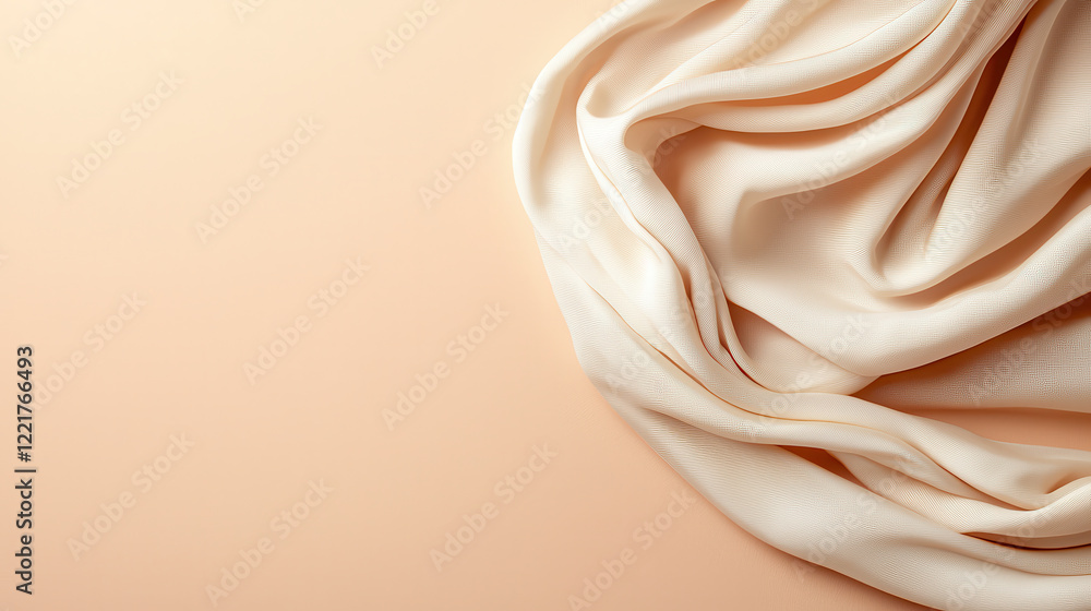 Poster Soft cream fabric draped elegantly on warm beige background, creating serene and inviting atmosphere. gentle folds and textures add depth and warmth to composition