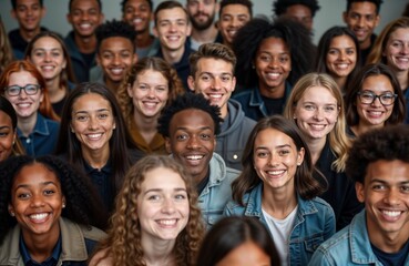 Group of happy diverse young adults. People smile. Look friendly. Studio setting. Casual clothing. Posing. Positive emotions. Good mood. Mixed race. Modern photo.