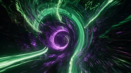 Neon purple and green light trails weaving through a futuristic space tunnel
