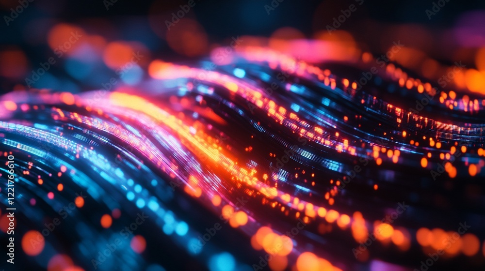 Poster abstract digital data flow with glowing neon lines and bokeh effect visualization