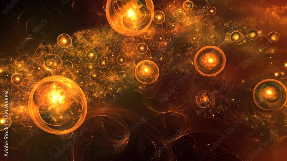 Poster abstract representation of cosmic phenomena with glowing orbs and swirling patterns in deep space