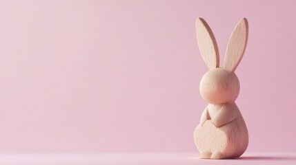 Obraz premium Minimalist Easter design with a wooden bunny figurine on a soft pink background, space for seasonal greetings