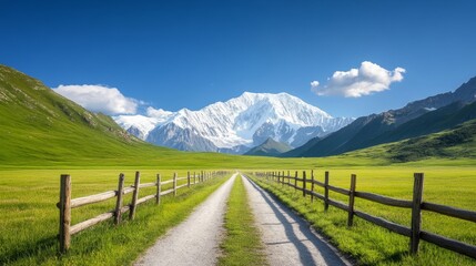 Fototapeta premium Scenic mountain landscape with a clear blue sky, vibrant green fields, and a serene dirt path leading towards majestic snow-capped peaks.