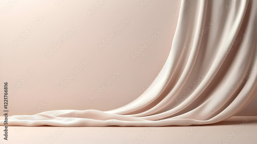 Poster Soft cream fabric drapes elegantly on smooth surface, creating gentle folds and shadows. warm tones and textures evoke sense of calm and sophistication
