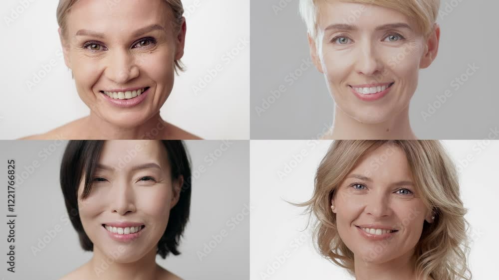 Poster Four women of different backgrounds smile brightly against a neutral background, their expressions capturing joy and confidence in a well-lit studio setting.
