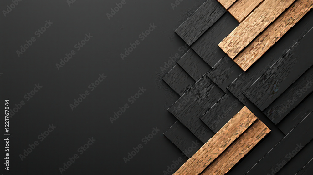 Poster modern geometric design featuring wooden planks on black background, creating stylish and sophistica