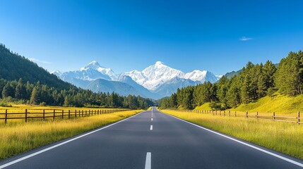 Scenic Landscape with Open Road Surrounded by Lush Green Meadows, Majestic Snow-Capped Mountains, and Clear Blue Sky in a Serene Nature Setting