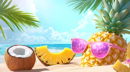 Obraz premium Fresh pineapple and coconut enjoy the sunshine wearing stylish shades with sun protection on a sandy shore , sunglasses, fruit. Shaded Shore. Illustration