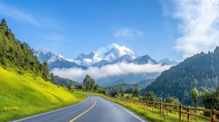 Fototapeta premium Scenic Mountain Road with Lush Greenery and Majestic Peaks Under Clear Blue Sky, Perfect for Nature Lovers and Travel Enthusiasts Capturing the Beauty of the Outdoors