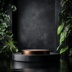 Front view of a round brown product display stand surrounded by lush green leaves and water, with a dark background, creating a luxurious and natural feel.