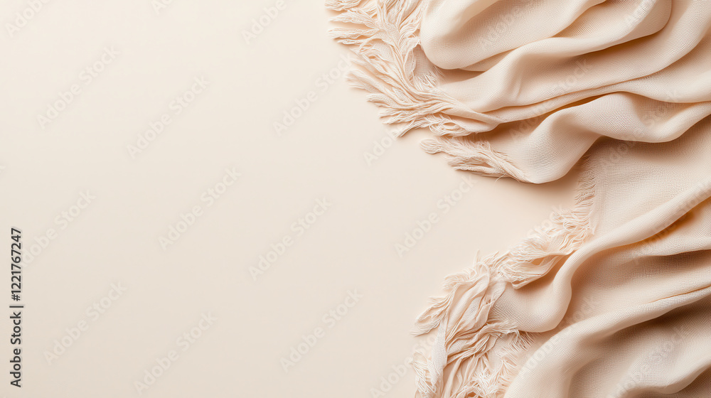 Poster Soft cream fabric with delicate fringes, creating serene and elegant backdrop. Perfect for various design projects and photography