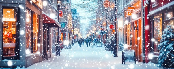 Fototapeta premium Blurred winter street with shops and snowfall, blurred background for design use. Cityscape with generative ai