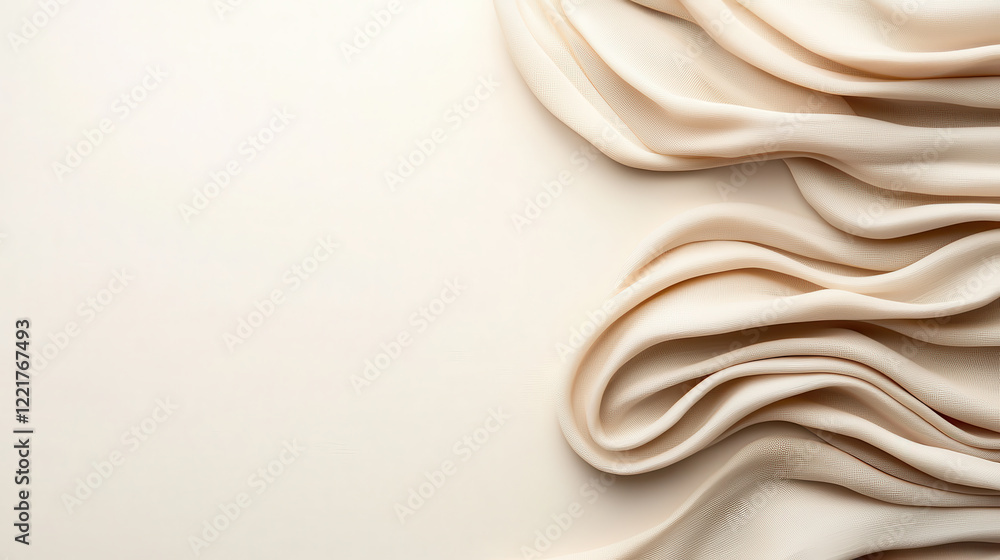 Poster Soft cream fabric drapes elegantly on light background, creating serene and calming atmosphere. flowing patterns add touch of sophistication and warmth