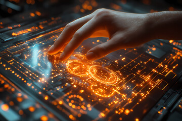 A captivating image showcasing a human hand interacting with a futuristic floating holographic interface