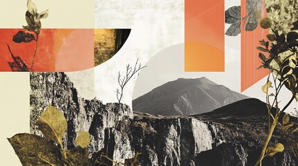 Abstract Mountain Landscape Collage: A Serene Blend of Nature and Geometry