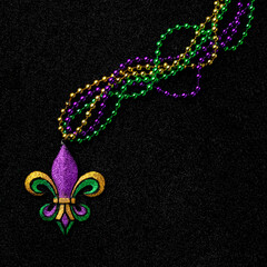 Mardi Gras beads with Fleur de lis, in glittering green, purple, and gold. Sparkling festive...