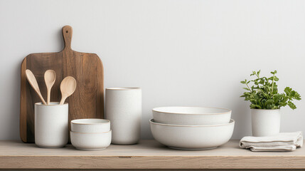 Minimalist kitchenware displayed on wooden shelf, featuring bowls, cups, and utensils in neutral tones, complemented by small plant for fresh touch