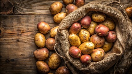 Freshly harvested ripe potatoes arranged in a natural woven burlap sack, overflowing with earthy tones and organic texture